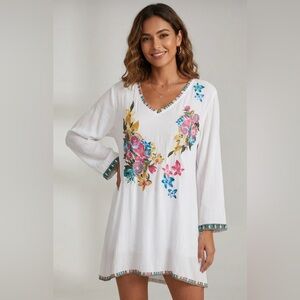 Boho Floral Embroidered White Gauze Tunic – Johnny Was Inspired Peasant Dress